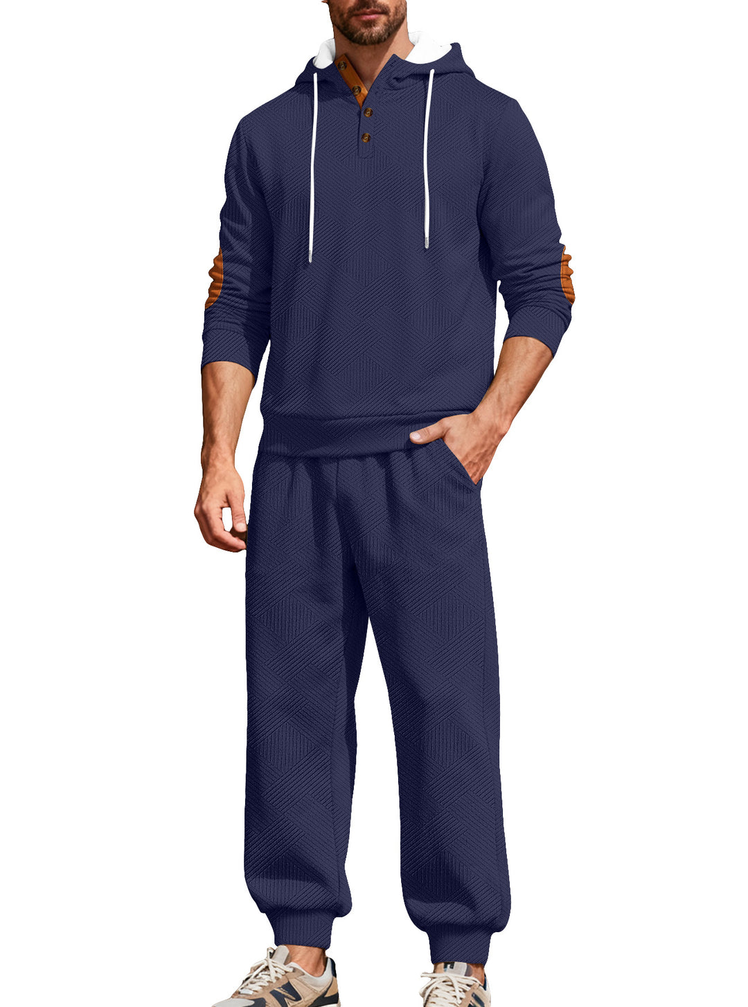 Herren nan strukturiertes Kapuzen-Joggingset mit Henley-Knopfleiste und Kontrast-Ellenbogenpatches Drune
