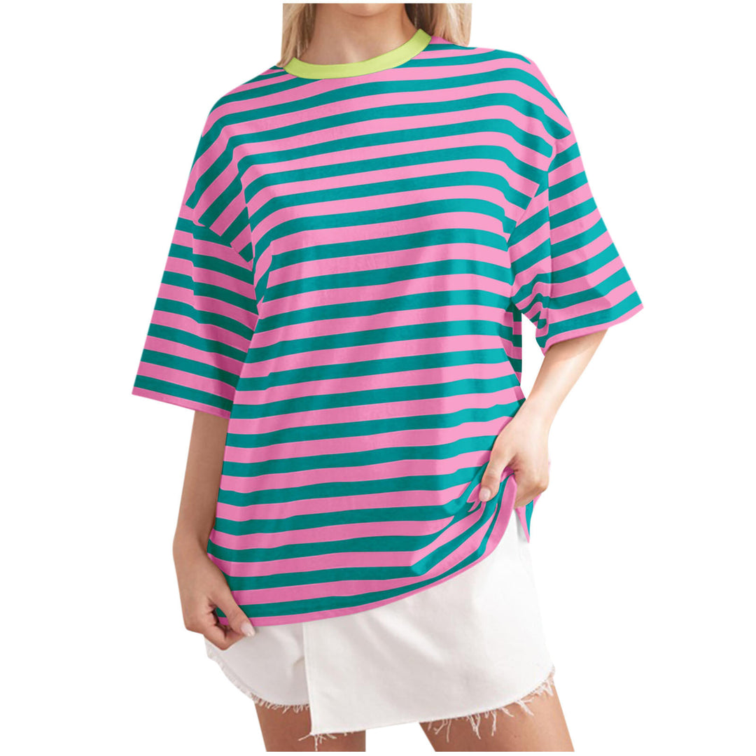 Damen Oversized gestreiftes T-Shirt mit Rundhalsausschnitt und kurzen Ärmeln Drune