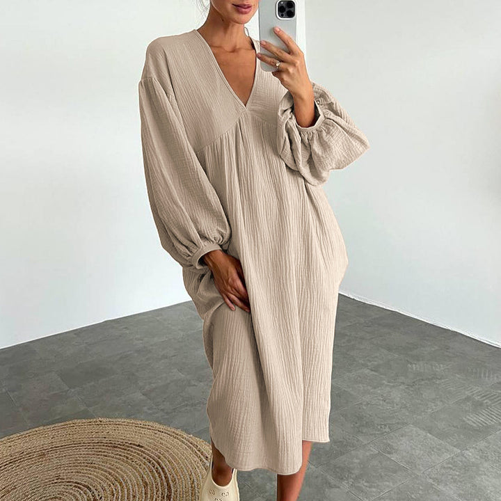 Damen lässiges Oversized-Kleid mit voluminösen Ärmeln und V-Ausschnitt Drune
