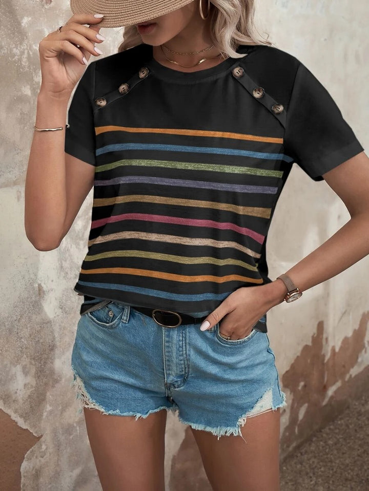 Damen gestreiftes T-Shirt mit modischen Knopfdetails und Rundhalsausschnitt Drune