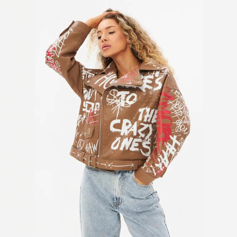 Damen Kunstlederjacke im Graffiti-Stil Drune