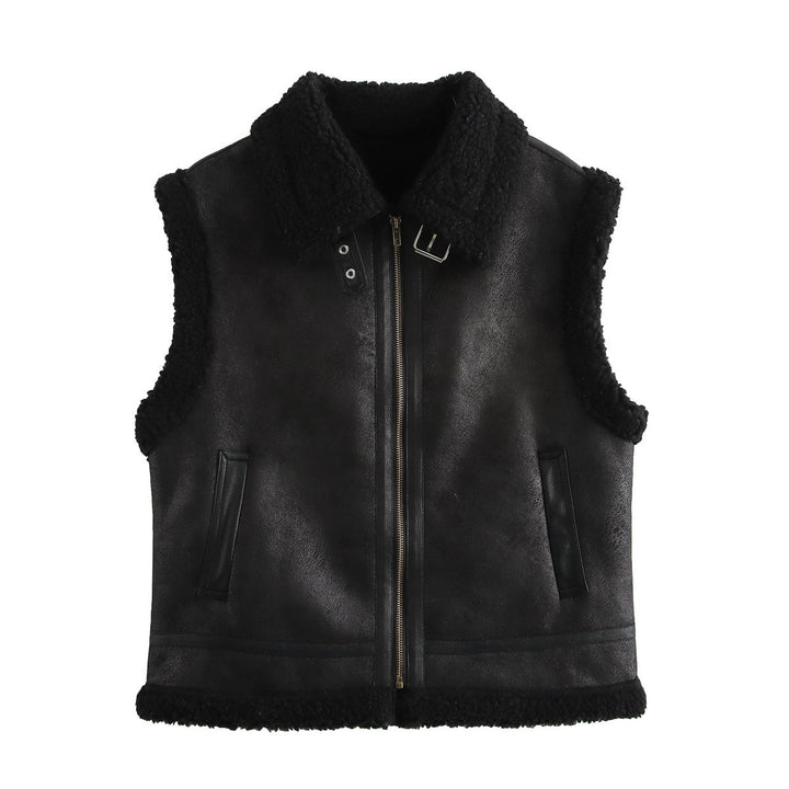 Damen Teddyweste mit hohem Kragen und Kunstlederelementen Drune
