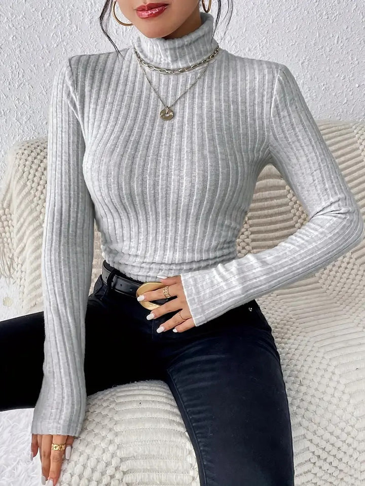 Damen Rippstrick-Turtleneck-Oberteil mit langen Ärmeln Drune