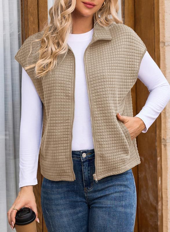 Damen Leichte Waffelstrick Weste mit Taschen und Stehkragen Drune