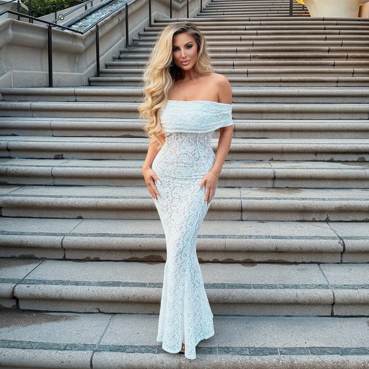 Damen Verführerisches Spitzen-Maxikleid mit schulterfreiem Design Drune