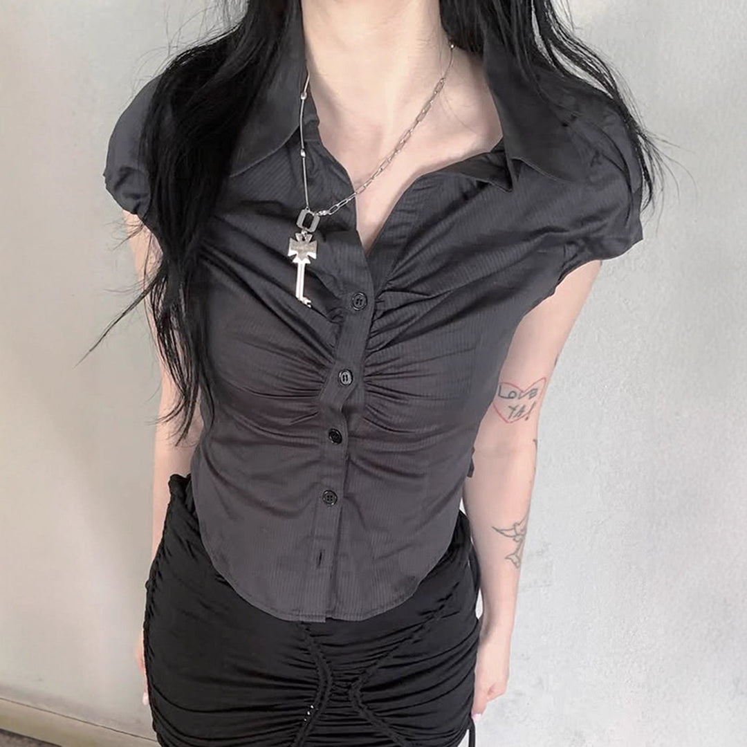Damen Kurzarmbluse mit Raffung und eleganter Knopfleiste Drune