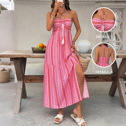 Damen Maxi-Strandkleid mit elastischem Oberteil und verspieltem Muster Drune