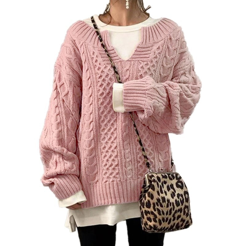 Damen nan weit geschnittener Strickpullover mit Zopfmuster und V-Ausschnitt Drune