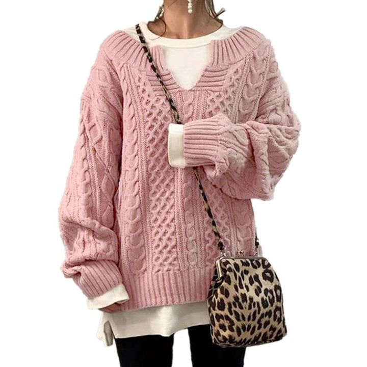 Damen nan weit geschnittener Strickpullover mit Zopfmuster und V-Ausschnitt Drune