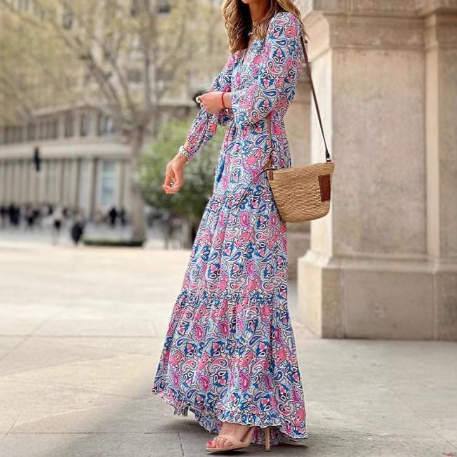 Damen Maxikleid mit floralen Mustern und modischem Taillengürtel Drune