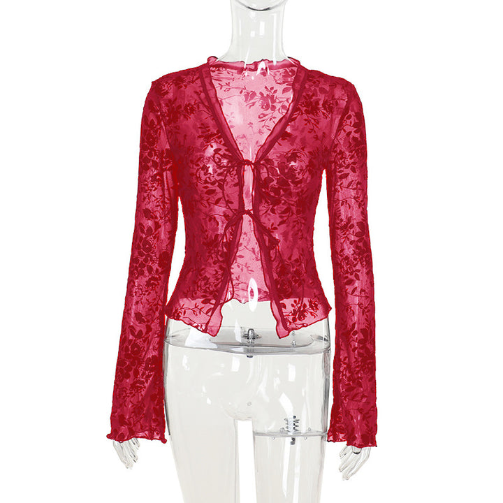 Damen Transparente Spitzenjacke mit floralen Mustern Drune