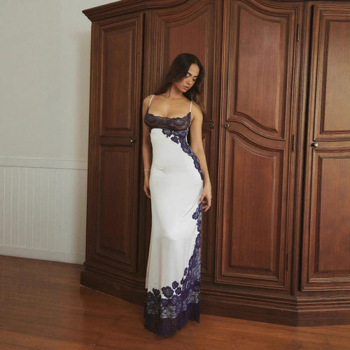 Damen Elegantes Spitzenkleid mit tiefem V-Ausschnitt und transparenten Einsätzen Drune