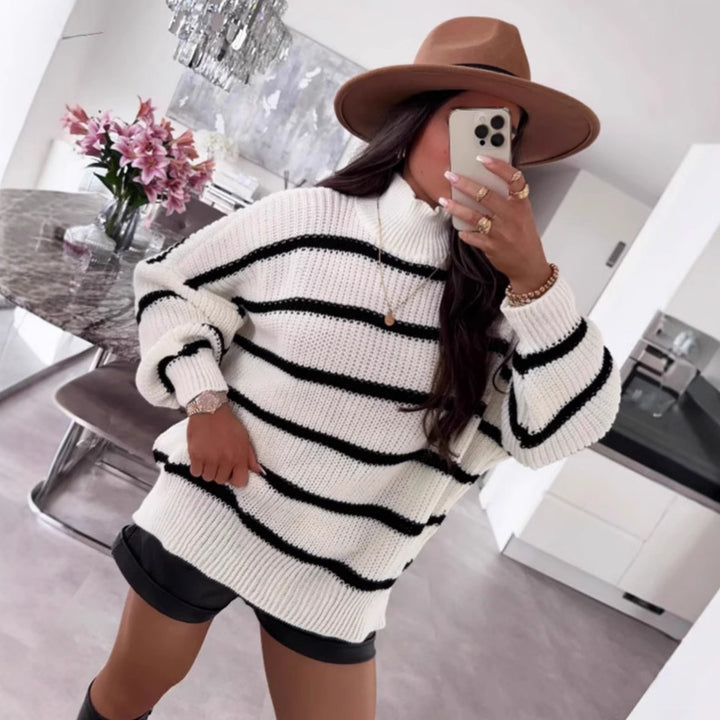 Damen lockerer Strickpullover mit modischem Streifenmuster und hohem Kragen Drune