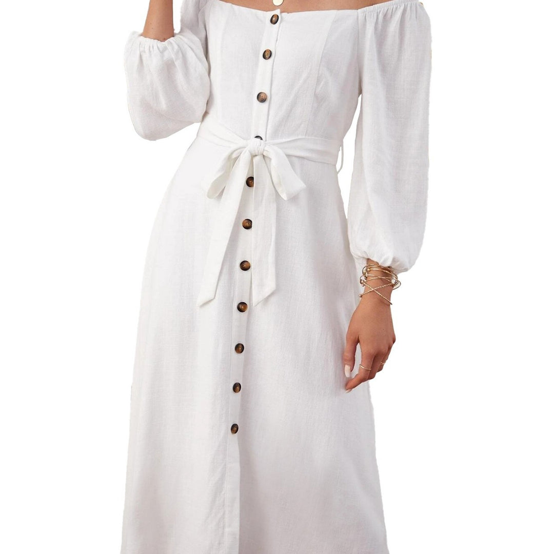 Damen Maxikleid mit schulterfreiem Design und dekorativen Knöpfen Drune