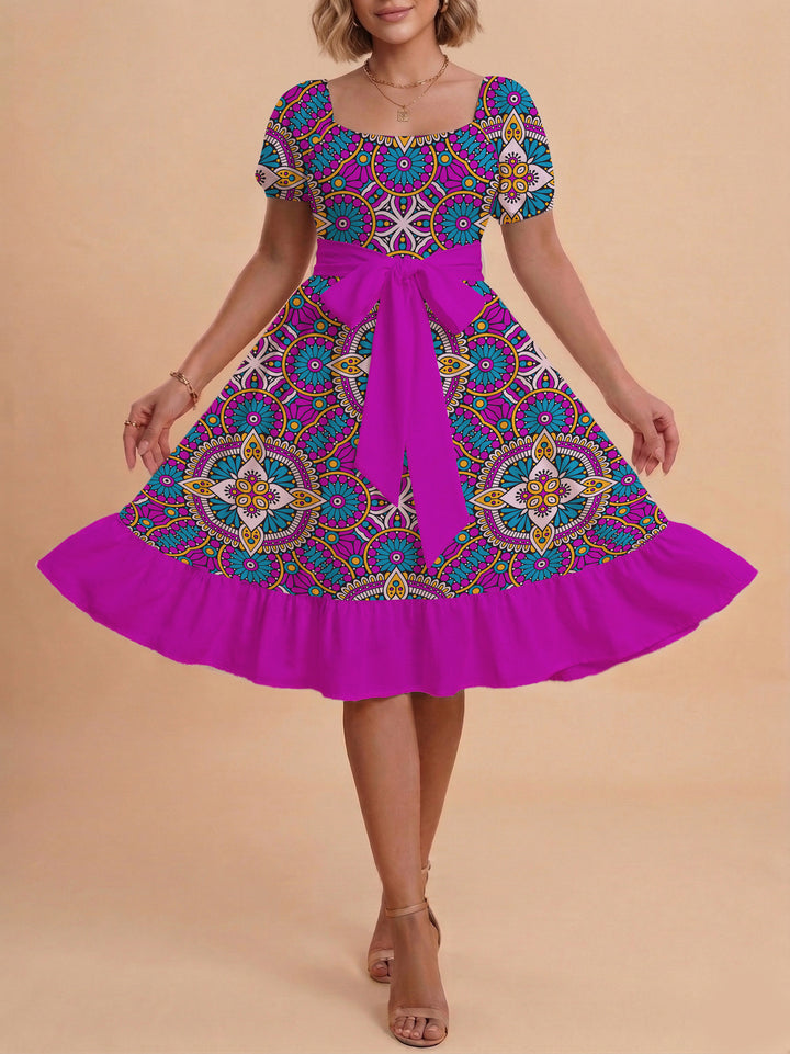 Damen elegantes Maxikleid mit floralem Design und Taillengürtel Drune