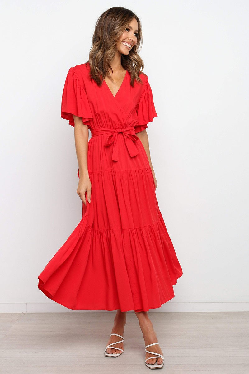 Damen Fließendes Maxi-Kleid mit Wickelbindung und Schmetterlingsärmeln Drune
