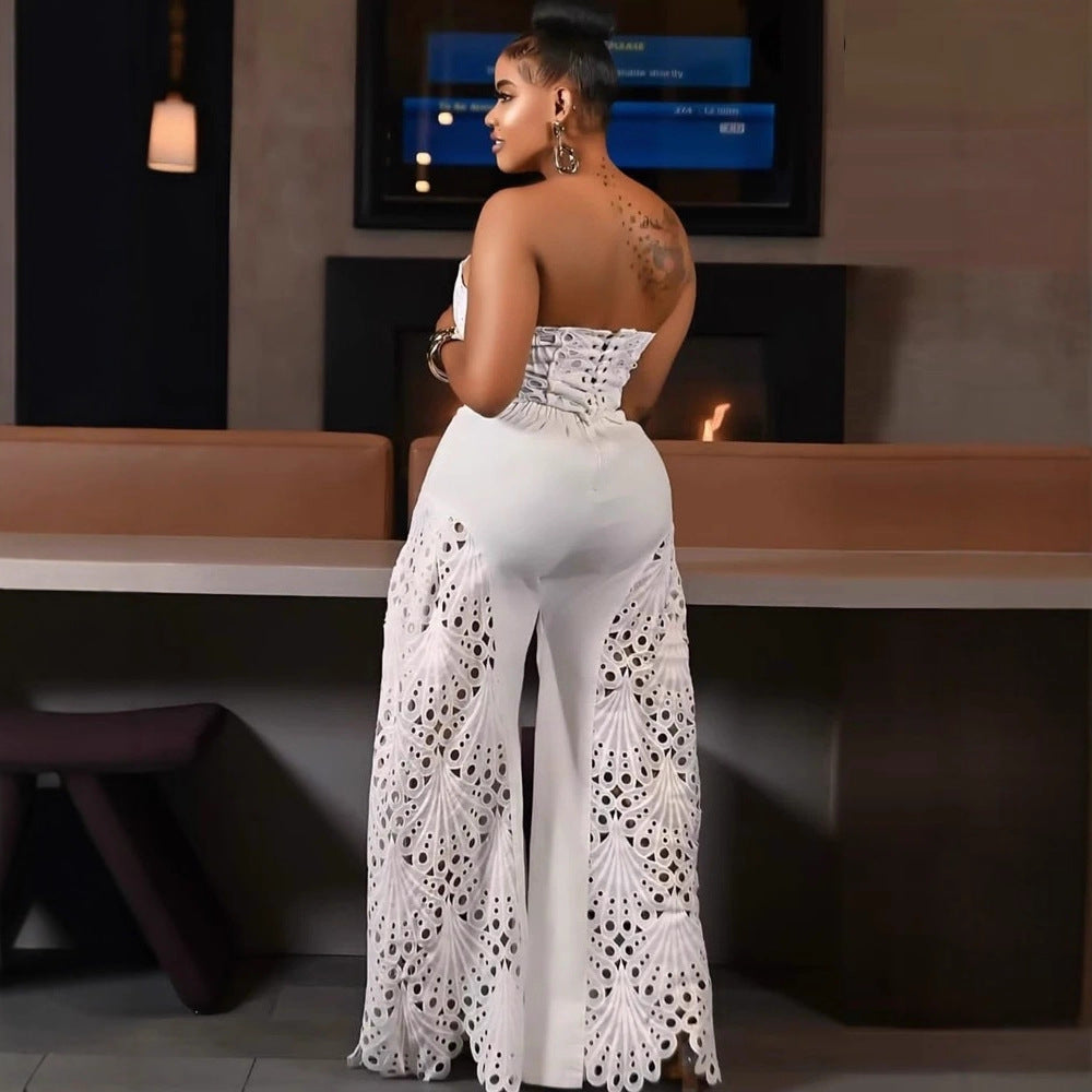 Damen Elegantes Jumpsuit mit floralen Lochdetails Drune