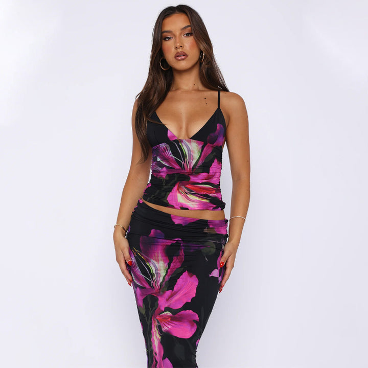 Damen Elegantes Maxikleid mit floralem Muster und Spaghetti-Trägern Drune