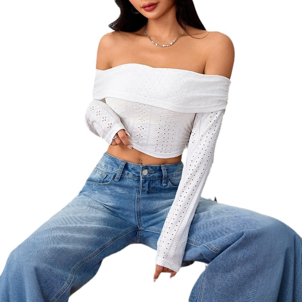 Damen Off-Shoulder Crop-Top mit langen Puffärmeln und eleganter Lochstruktur Drune