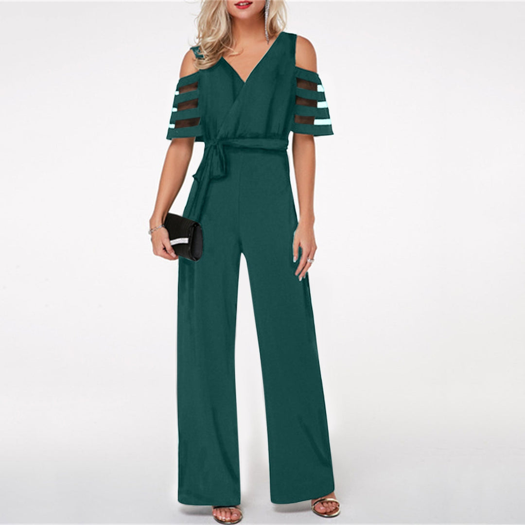 Damen Eleganter Jumpsuit mit transparenten Ärmel-Details und Taillengürtel Drune