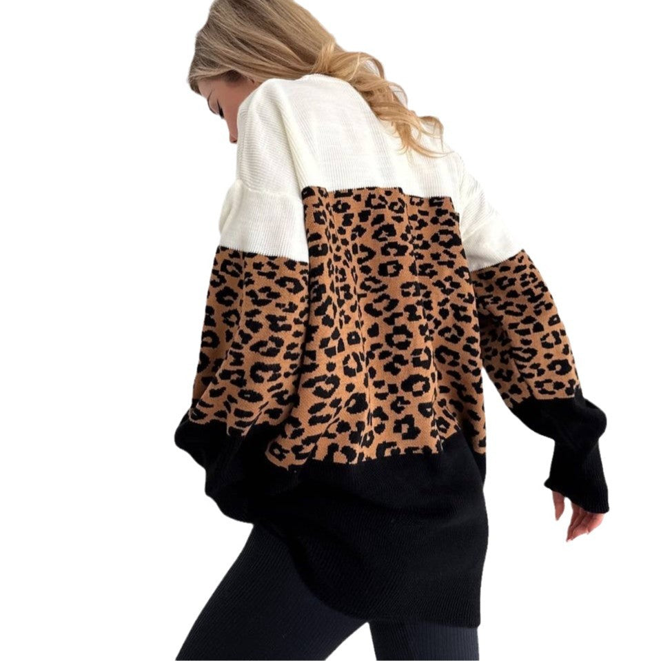 Damen modischer Oversized-Pullover mit animalischem Muster und kreativen Farbblockdetails Drune