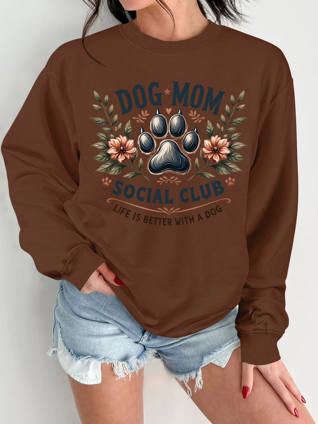 Damen Sweatshirt mit trendigem Hundemotiv und aufgepepptem Aufdruck Drune