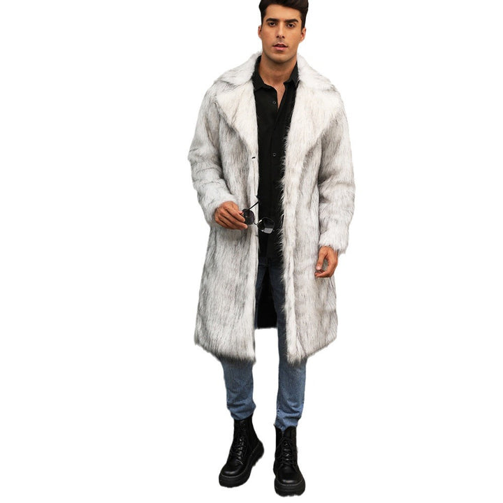 Herren Eleganter Kunstfellmantel mit tiefem Kragen Drune