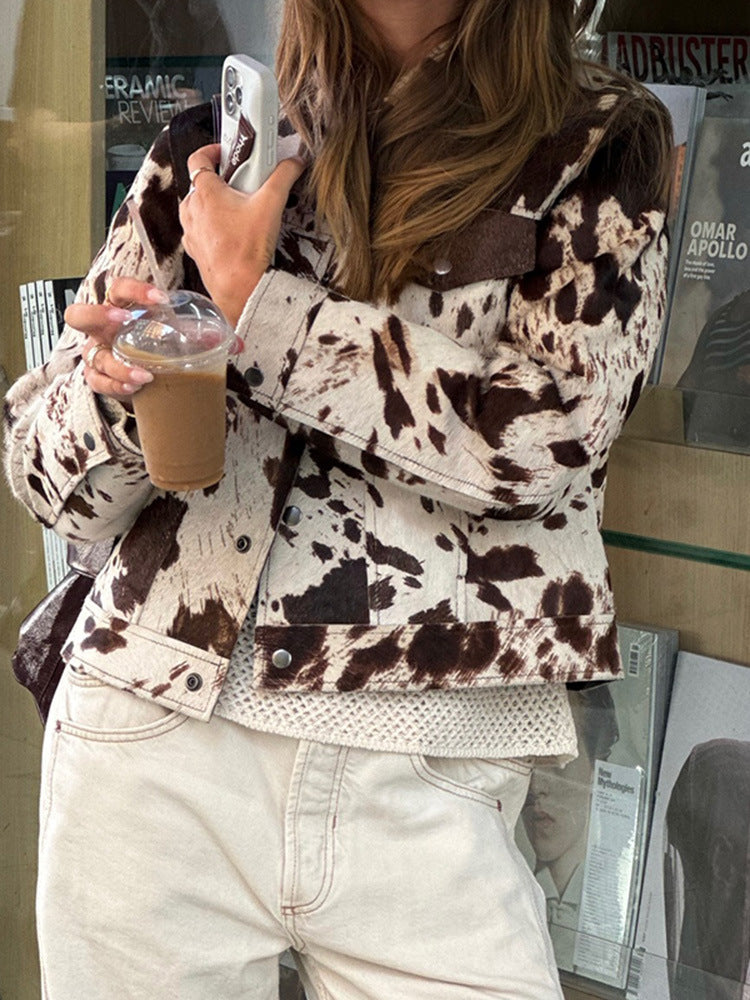 Damen Denim-Jacke im lässigen Cow-Print mit strukturierten Akzenten Drune