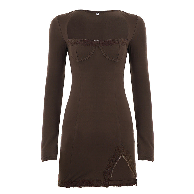 Damen nan figurbetontes Langarm-Minikleid mit Korsettoptik, geformten Cups und Spitzendetail Drune
