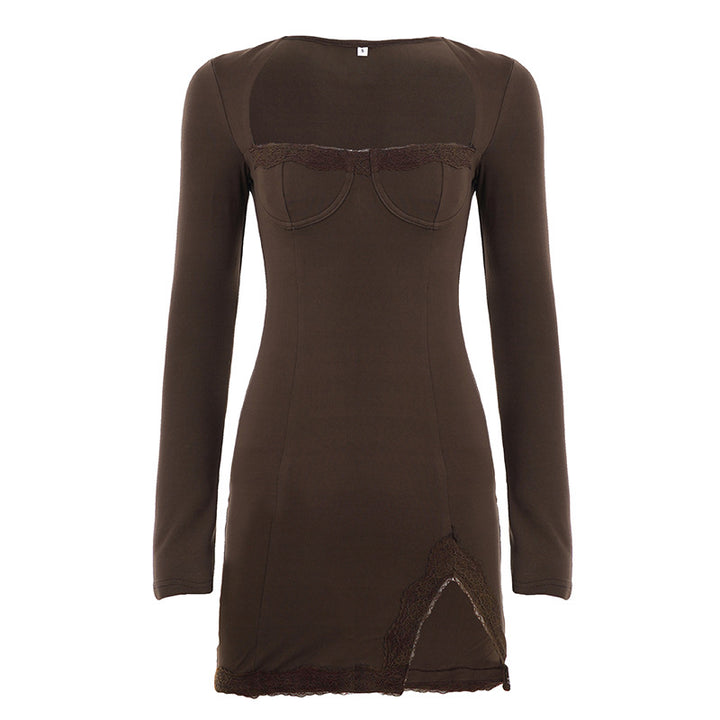 Damen nan figurbetontes Langarm-Minikleid mit Korsettoptik, geformten Cups und Spitzendetail Drune
