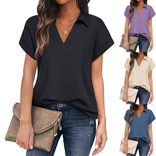 Damen V-Ausschnitt Bluse mit kurzen Ärmeln und eleganter Knopfleiste Drune