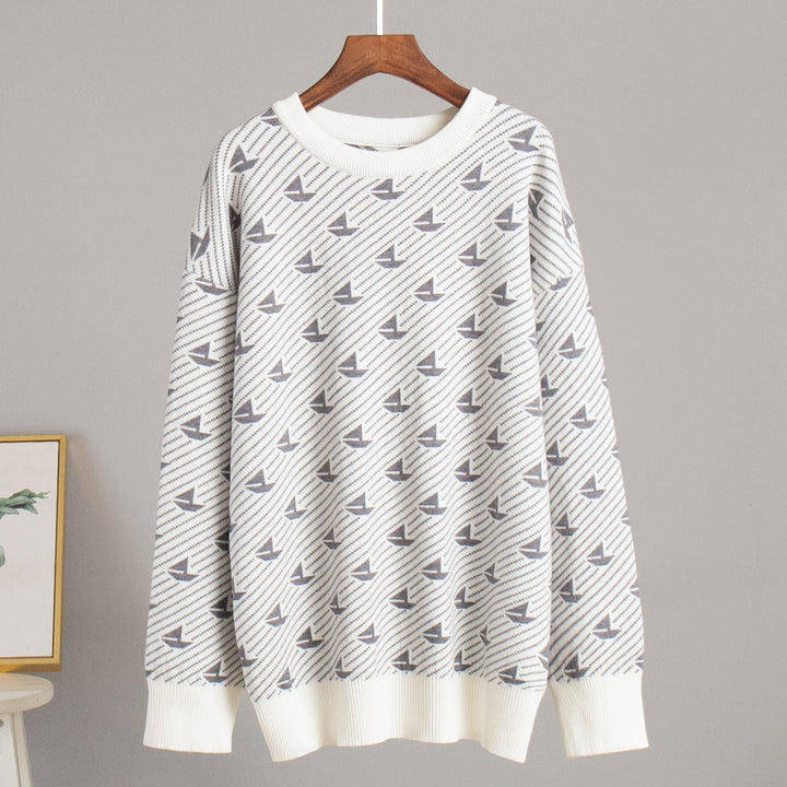 Damen Gemusterter Oversized Pullover aus hochwertiger Baumwolle Drune
