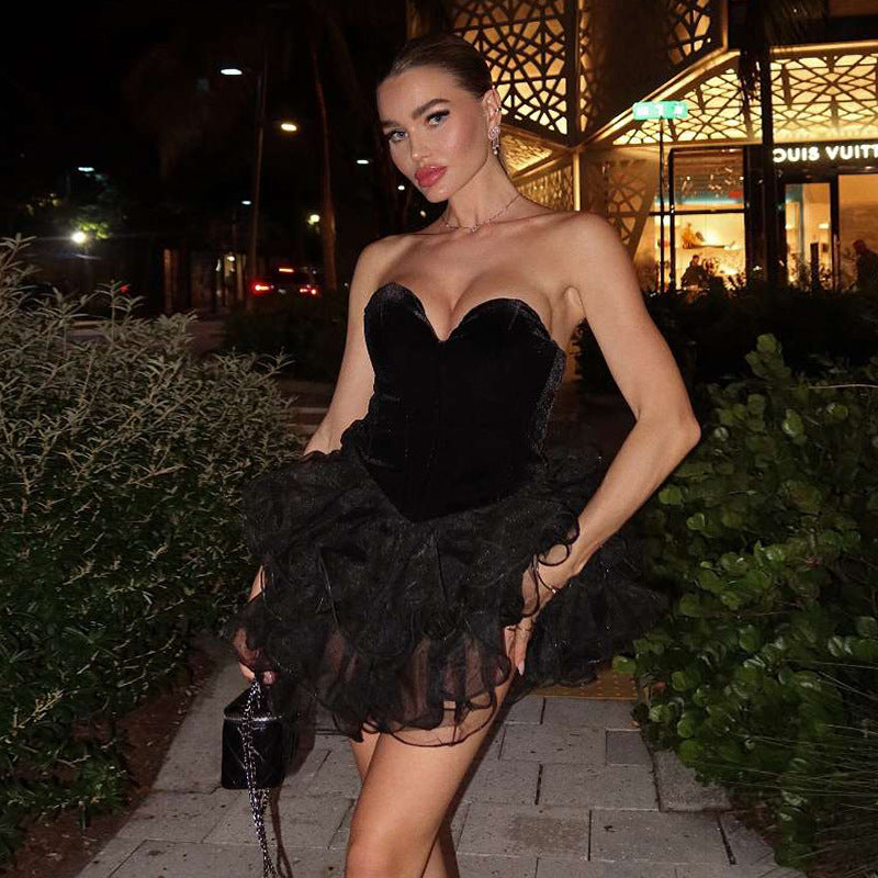 Damen Festliches Cocktailkleid mit Herz-Ausschnitt und voluminösem Rüschensaum Drune