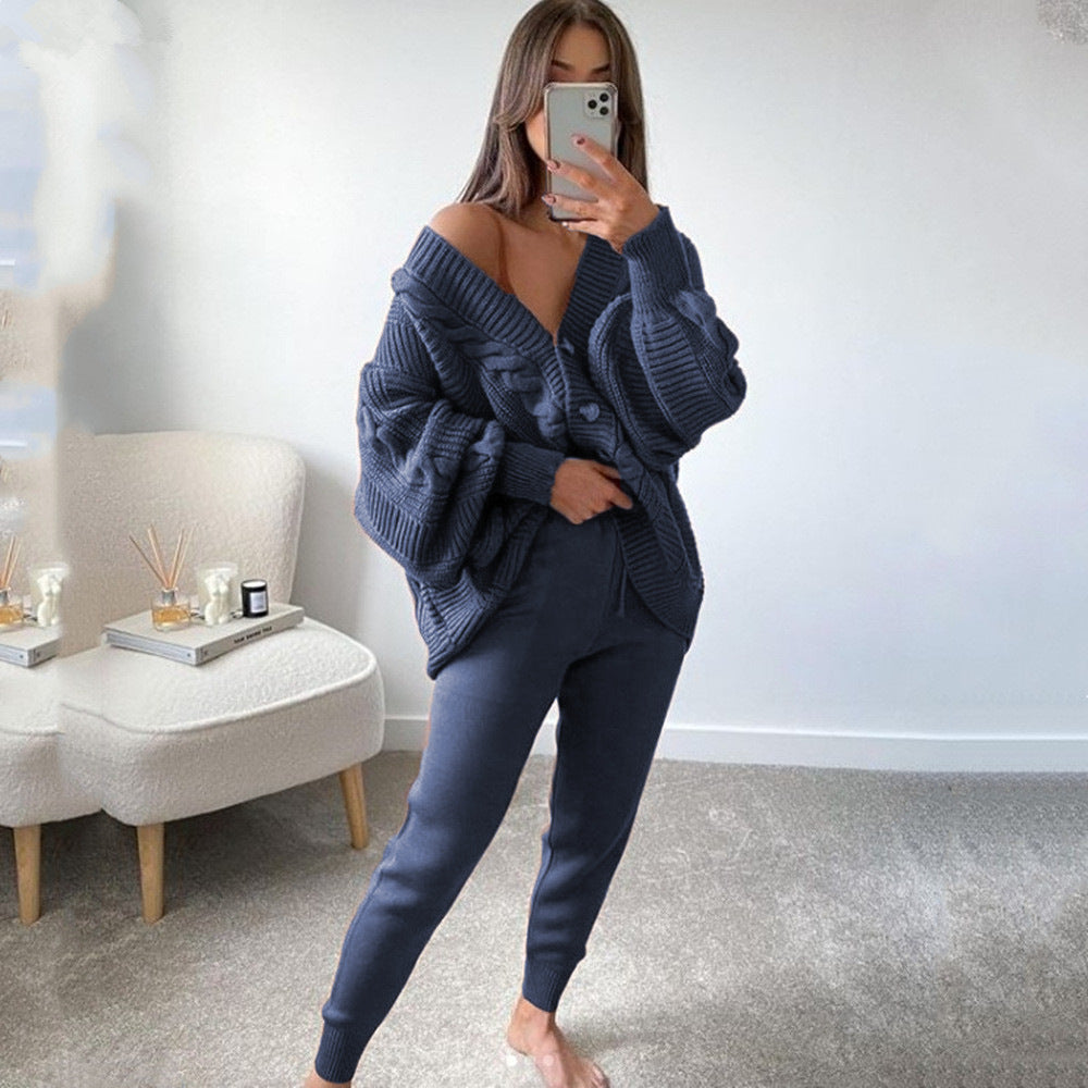 Damen Grobstrickjacke mit V-Ausschnitt und Knöpfen Drune