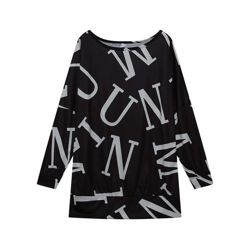 Damen Oversized Langarmshirt mit modernem Schriftzug und elastischem Bund Drune