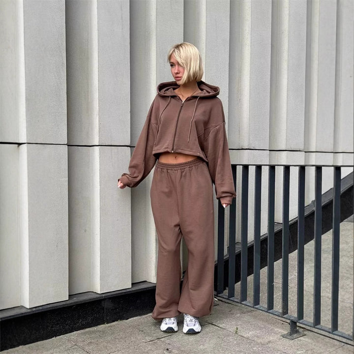 Damen nan kurz geschnittenes Zip-Hoodie und Highwaist Sweathose Lounge-Set mit Kapuze Drune
