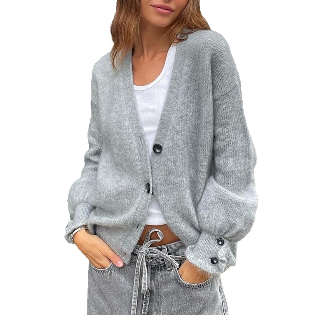 Damen nan lässige Strickjacke mit tiefem V-Ausschnitt, aufgesetzten Knopfleisten und Ballonärmeln Drune
