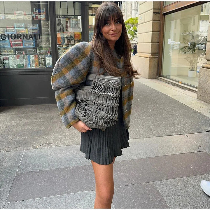 Damen Modische Karojacke mit voluminösen Ärmeln Drune