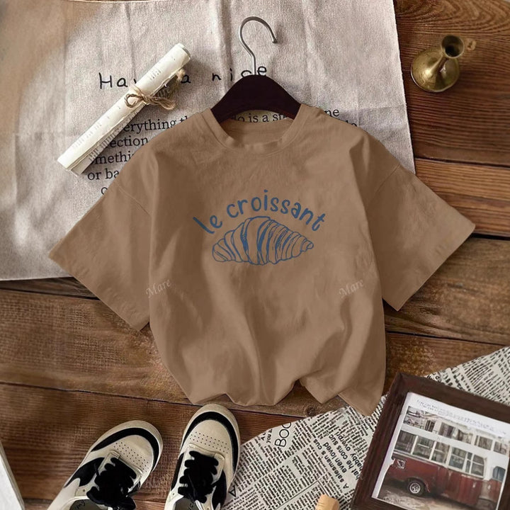 Damen Casual Grafik T-Shirt mit Croissant Design Drune