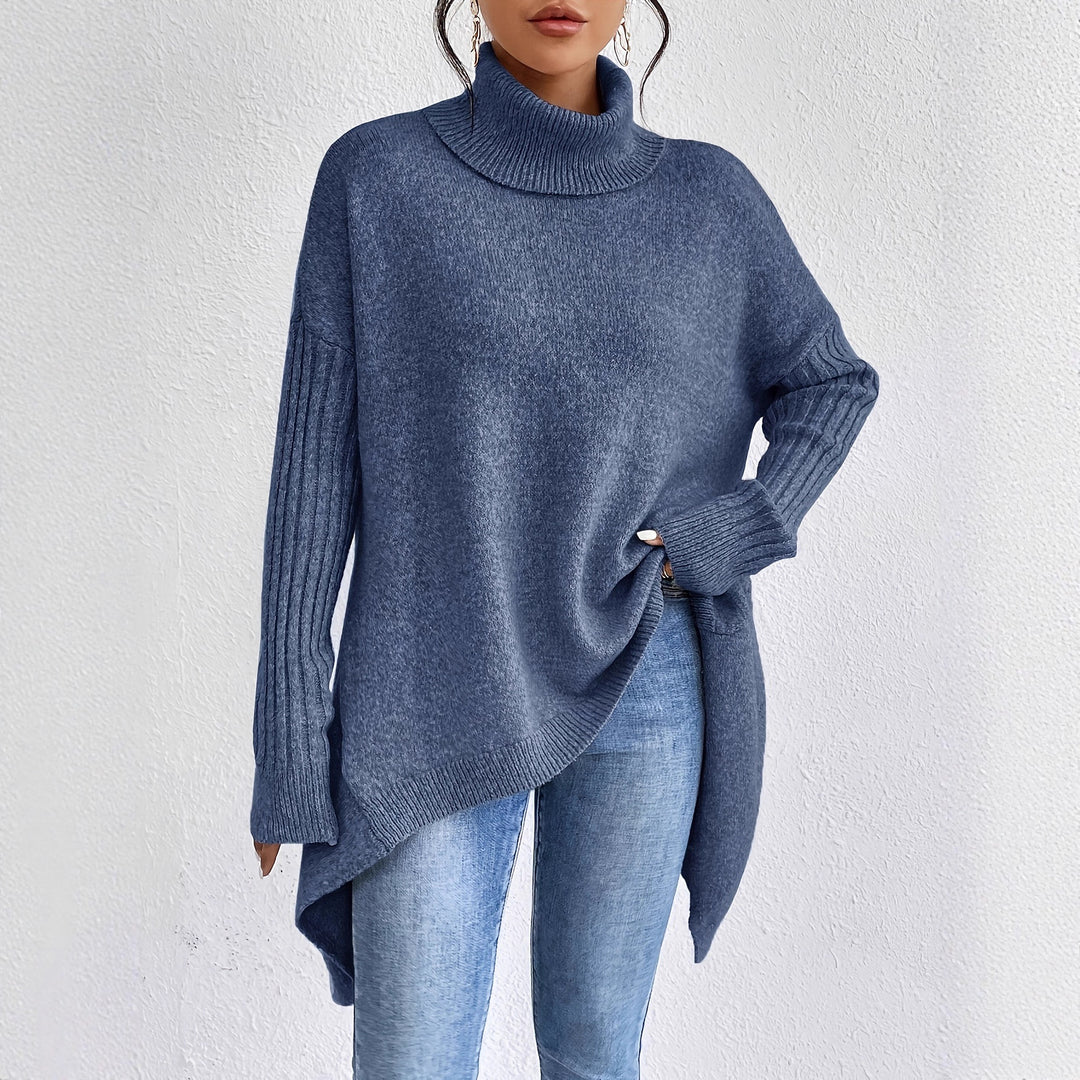 Damen nan Oversize Strickpullover mit hohem Rollkragen, gerippten Ärmeln und asymmetrischem Saum Drune