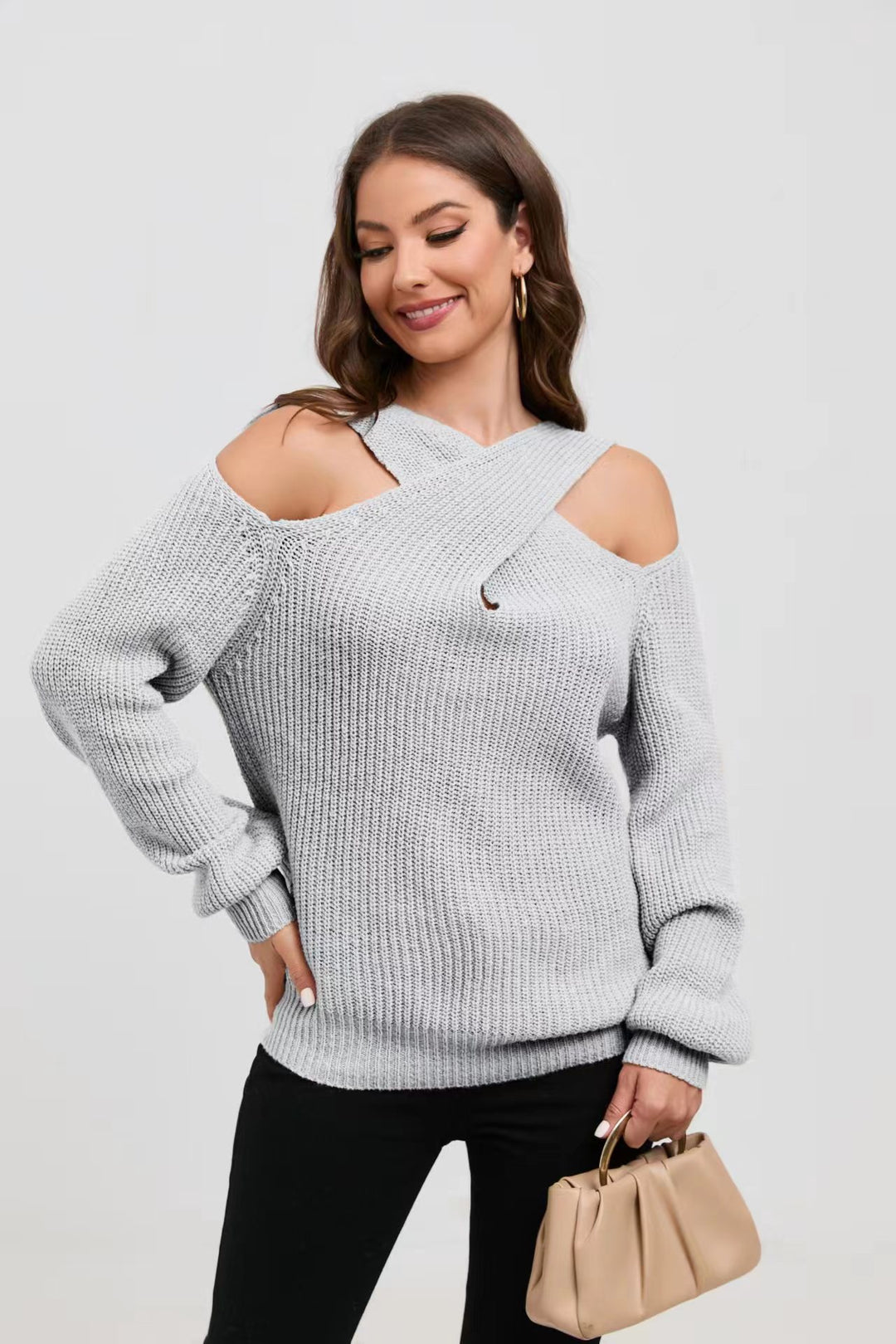 Damen Off-Shoulder Strickpullover mit asymmetrischem Design Drune