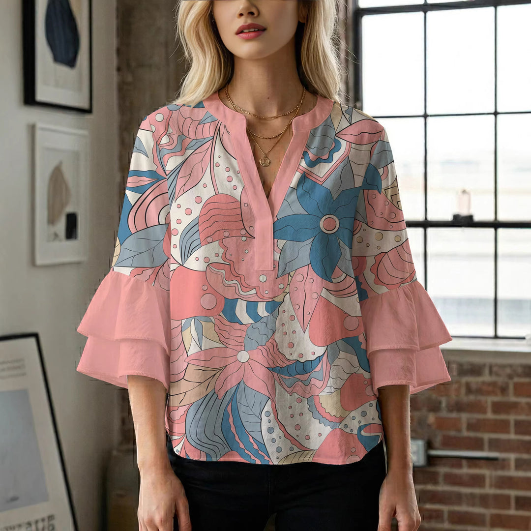 Damen elegantes Oberteil mit voluminösen Rüschensäumen und floralem Design Drune