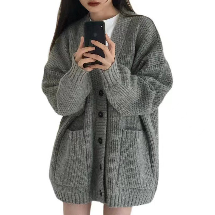 Damen kuschelige Strickjacke mit tiefem V-Ausschnitt und großen Taschen Drune