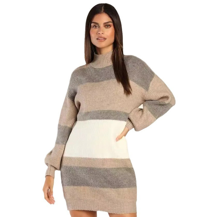 Damen Strickkleid mit modischem Rollkragen und Streifenmuster Drune