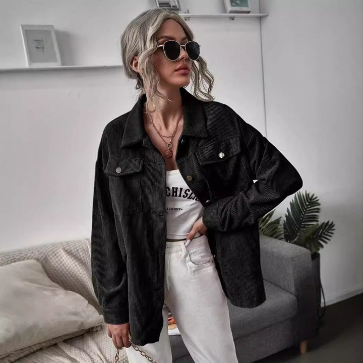 Damen Lässige Cordjacke mit dekorativen Knöpfen und praktischen Taschen Drune