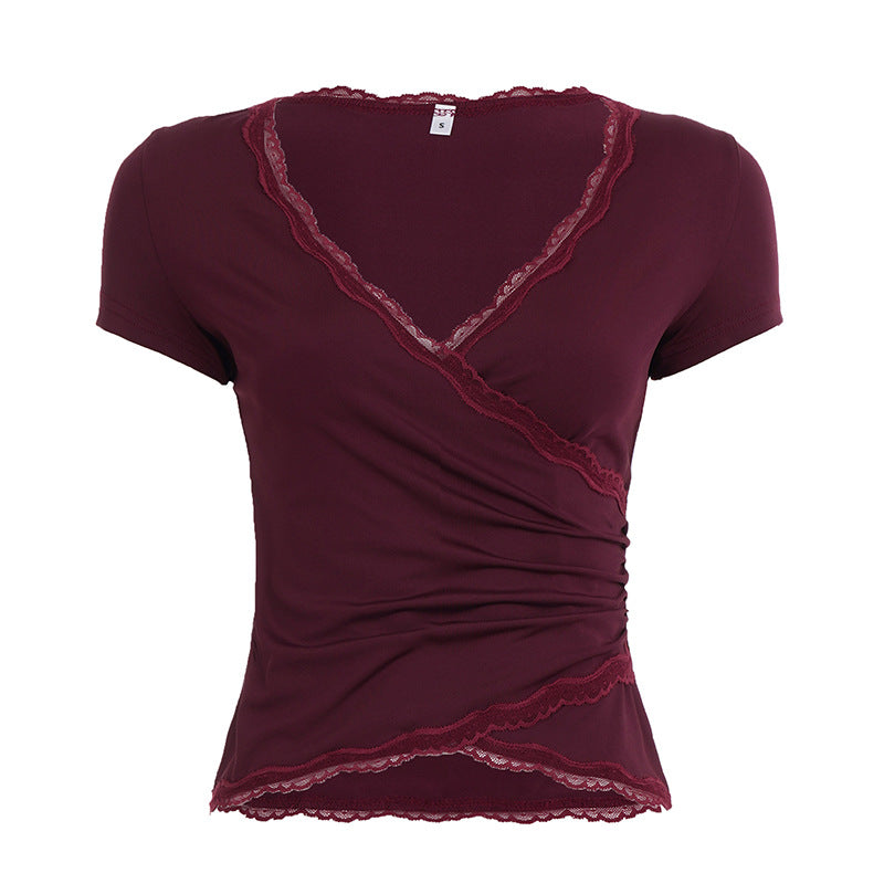 Damen Wickeloberteil mit Spitzenbesatz und Rüschendetails Drune
