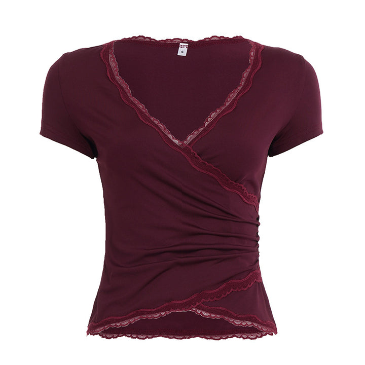 Damen Wickeloberteil mit Spitzenbesatz und Rüschendetails Drune