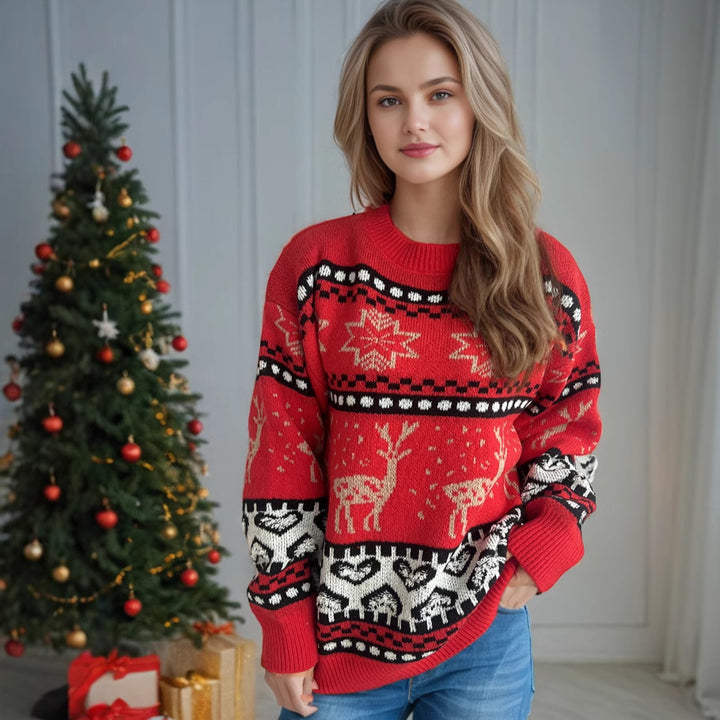 Damen festlicher Strickpullover mit weihnachtlichem Rentier-Motiv und detailreicher Musterung Drune