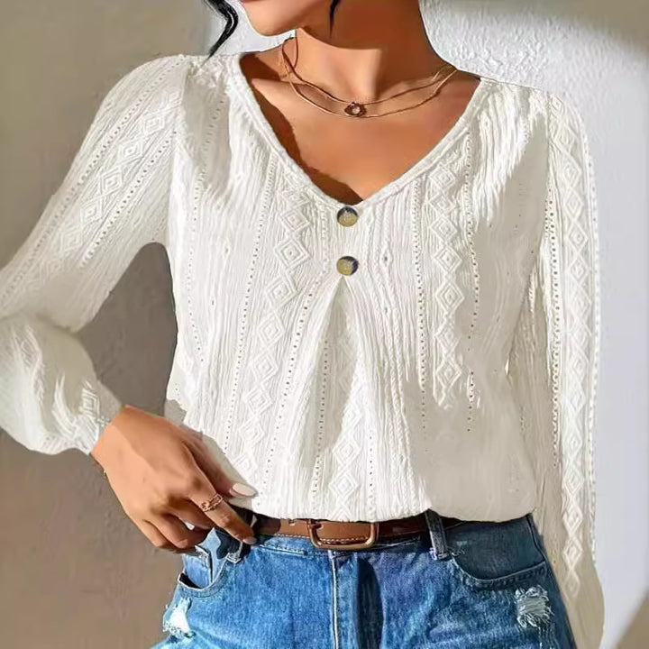 Damen Langarm Bluse mit strukturiertem Design und Knopfdetails Drune