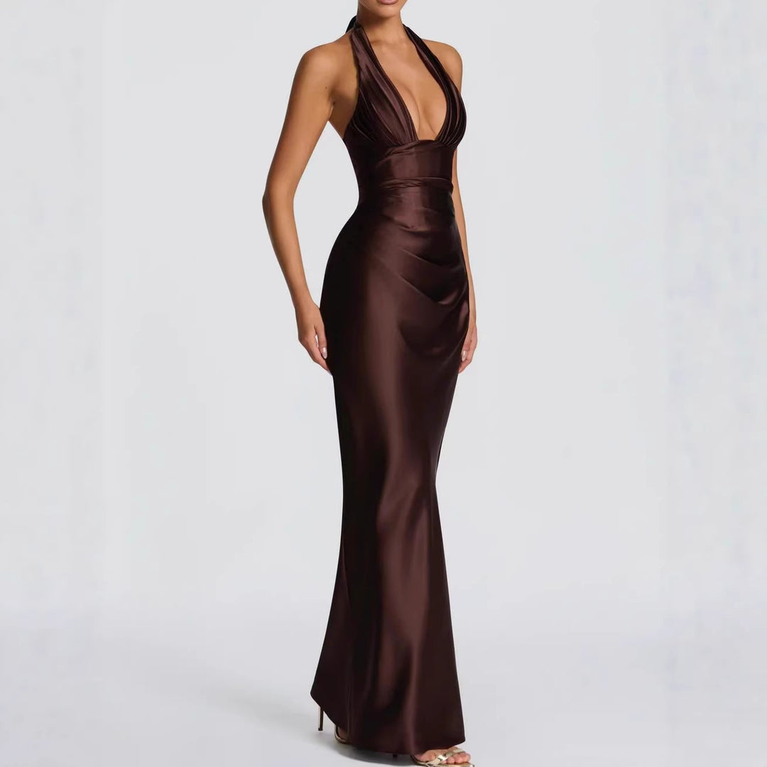 Damen Elegantes langes Abendkleid mit tiefem V-Ausschnitt Drune